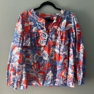 J. CREW Pullover Peasant Blouse Women Large Blue Red Floral Ruffles Long SleeveJ
